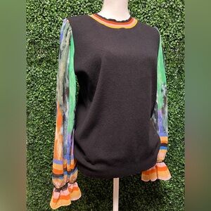 Womens Fate Color Block Sheer Artsy Ruffled Sleeve Crewneck Sweater, Large